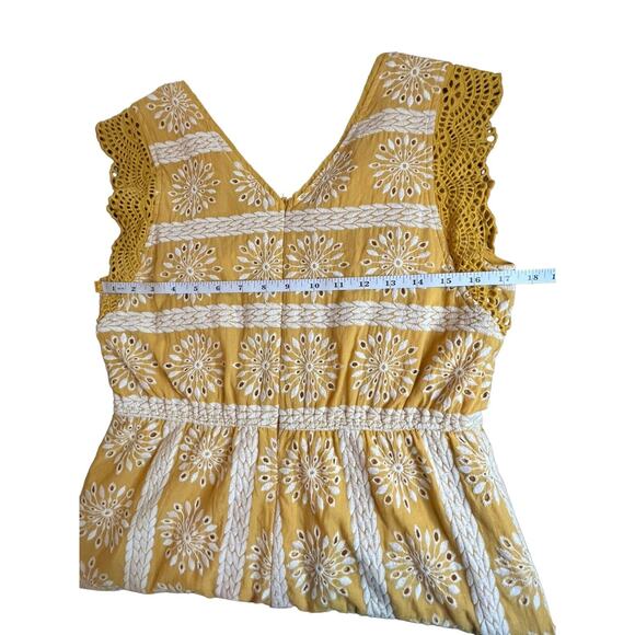 Skies Areโ Blue Mustard Yellow Eyelet Romper M Boho Flutter Sleeve Summer Cute - Picture 6 of 15